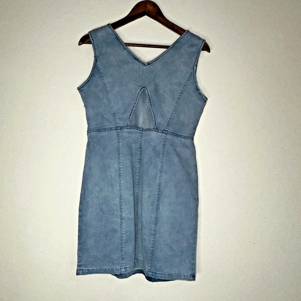 Womens‎ Denim Jean Sleeveless Dress Pockets and Triangle Back Open fits L Rare